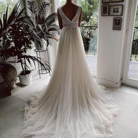 Sorayan Wedding Dresses for Bride Illusory Lace Bohemia V Neck Layers Tulle - Picture 3 of 4